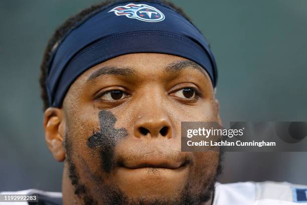 Derrick Henry of the Tennessee Titans looks on after a win against the Oakland Raiders at RingCentral Coliseum on December 08, 2019 in Oakland,...