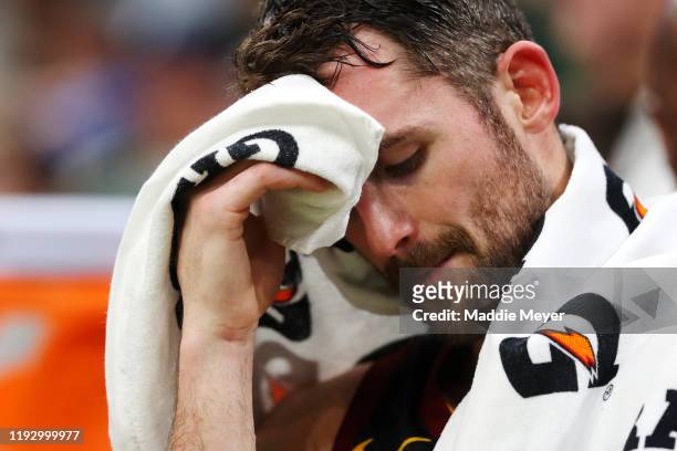 Kevin Love of the Cleveland Cavaliers reacts on the bench during the second half of the game against the Boston Celtics at TD Garden on December 09,...