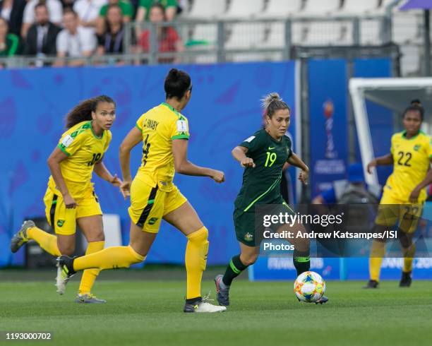 Katrina Gorry of the Australian National Team dribbles at midfield during a game between Jamaica and Australia at Stade des Alpes on June 18, 2019 in...