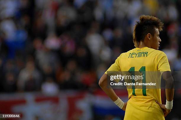 Neymar, from Brazil stands during a match between Brazil and Paraguay as part of the Quarter Finals of Copa America 2011 at Estadio unico de La Plata...