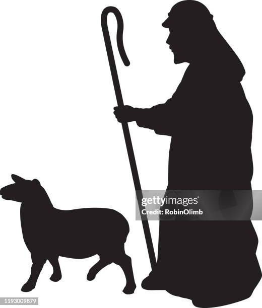 ilustraciones, imágenes clip art, dibujos animados e iconos de stock de pastor con silueta de oveja - pastor de ovejas