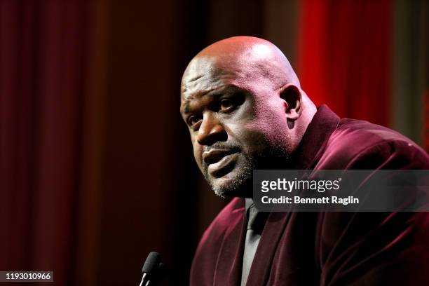 Shaquile O'Neal speaks onstage during the Sports Illustrated Sportsperson Of The Year 2019 at The Ziegfeld Ballroom on December 09, 2019 in New York...