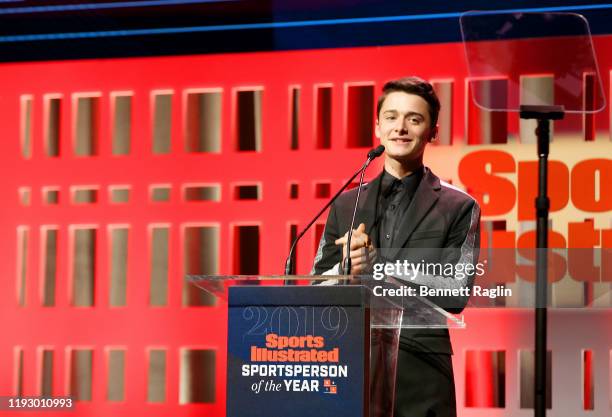 Noah Schnapp speaks onstage during the Sports Illustrated Sportsperson Of The Year 2019 at The Ziegfeld Ballroom on December 09, 2019 in New York...