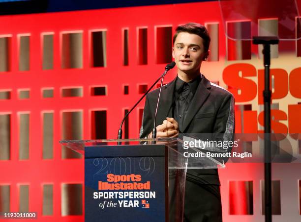 Noah Schnapp speaks onstage during the Sports Illustrated Sportsperson Of The Year 2019 at The Ziegfeld Ballroom on December 09, 2019 in New York...