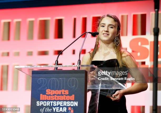Sports Illustrated Kids SportsKid of the Year Ally Sentnor speaks onstage during the Sports Illustrated Sportsperson Of The Year 2019 at The Ziegfeld...