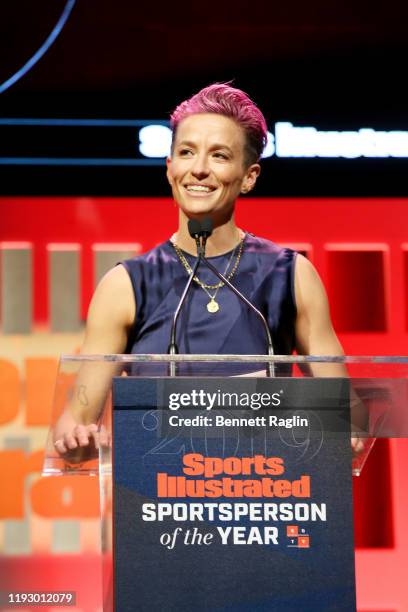 Sports Illustrated Sportsperson of the Year Award Winner Megan Rapinoe speaks onstage during the Sports Illustrated Sportsperson Of The Year 2019 at...