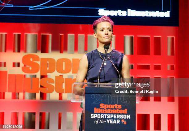 Sports Illustrated Sportsperson of the Year Award Winner Megan Rapinoe speaks onstage during the Sports Illustrated Sportsperson Of The Year 2019 at...