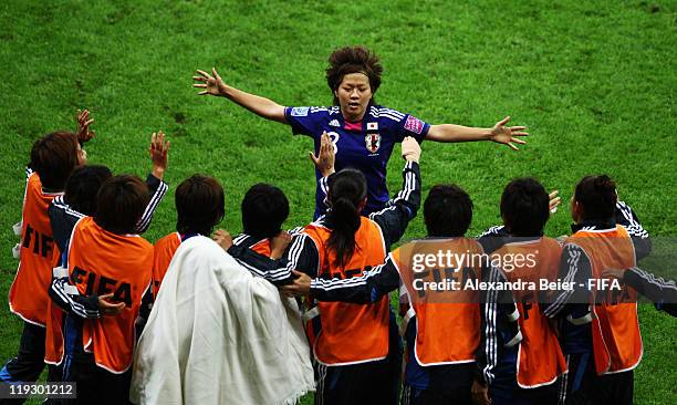 Aya Miyama of Japan celebrates her first goal with teammates during the FIFA Women's World Cup Final match between Japan and USA at the FIFA World...