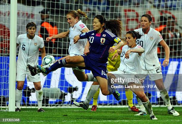 Homare Sawa of Japan scores his teams second goal during the FIFA Women's World Cup Final match between Japan and USA at the FIFA Women's World Cup...