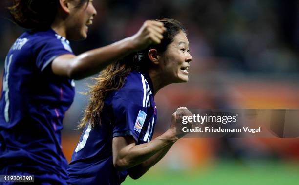 Homare Sawa of Japan celebrates scoring the second goal during the FIFA Women's World Cup Final match between Japan and USA at the FIFA World Cup...