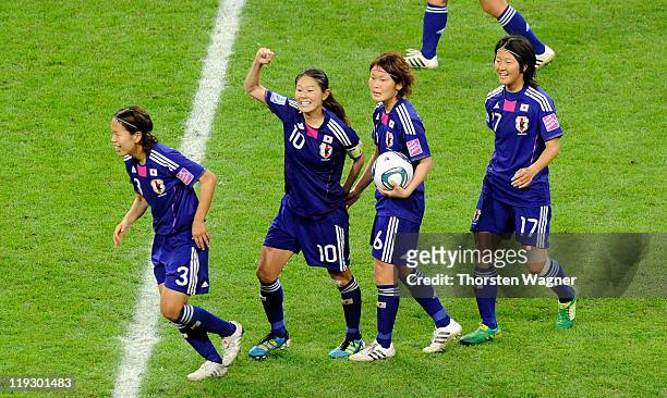 Homare Sawa of Japan celebrates scoring her team's second goal during the FIFA Womens's World Cup Final between the United States of America and...