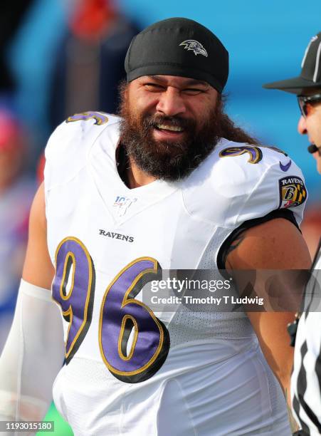 Domata Peko of the Baltimore Ravens on the field before a game against the Buffalo Bills at New Era Field on December 8, 2019 in Orchard Park, New...