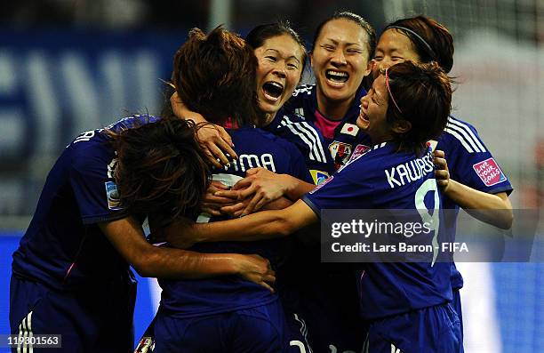 Homare Sawa of Japan celebrates after scoring his teams second goal during the FIFA Women's World Cup Final match between Japan and USA at the FIFA...
