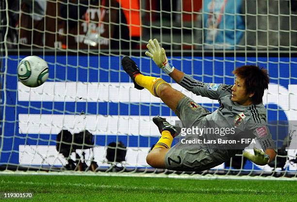Goalkeeper Ayumi Kaihori of Japan saves a penalty during the FIFA Women's World Cup Final match between Japan and USA at the FIFA Women's World Cup...