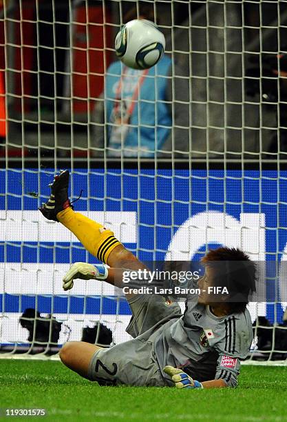 Goalkeeper Ayumi Kaihori of Japan saves a penalty during the FIFA Women's World Cup Final match between Japan and USA at the FIFA Women's World Cup...