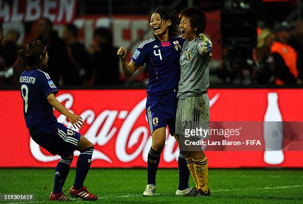 Goalkeeper Ayumi Kaihori of Japan celebrates with team mates after winning the FIFA Women's World Cup Final match between Japan and USA at the FIFA...