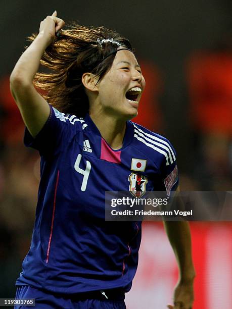 Saki Kumagai of Japan celebrates scoring the last penalty during the FIFA Women's World Cup Final match between Japan and USA at the FIFA World Cup...