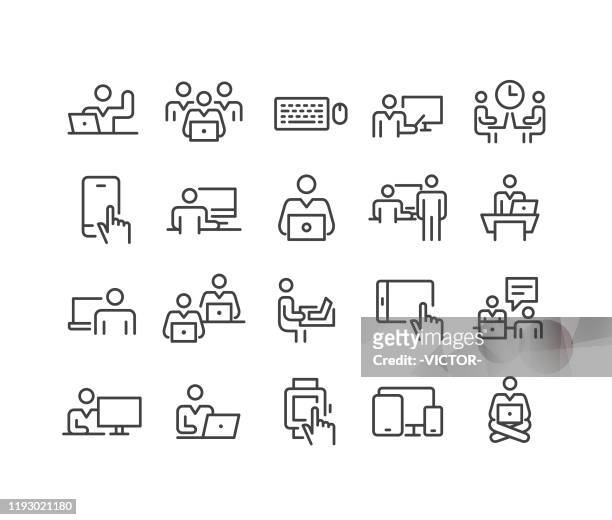 illustrazioni stock, clip art, cartoni animati e icone di tendenza di utilizzo delle icone dei computer - serie linea classica - occupazione
