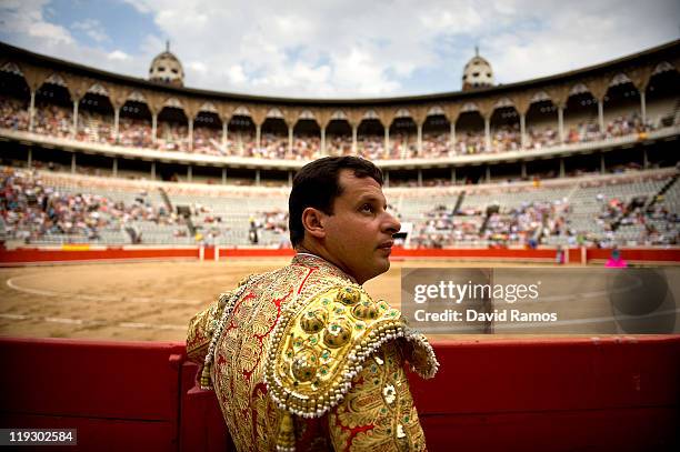 Picador looks on before the third bullfight of the 2011 season at the Monumental bullring on July 17, 2011 in Barcelona, Spain. Bull fighting will...