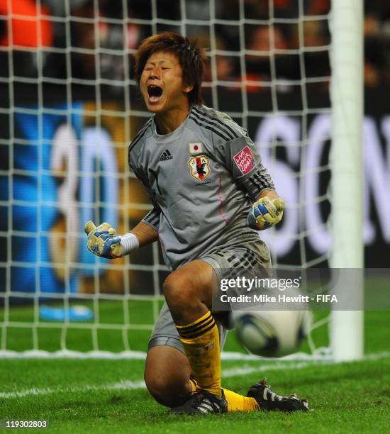 Ayumi Kaihori of Japan celebrates after saving the 3rd penalty kick during the FIFA Women's World Cup 2011 Final match between Japan and USA at the...