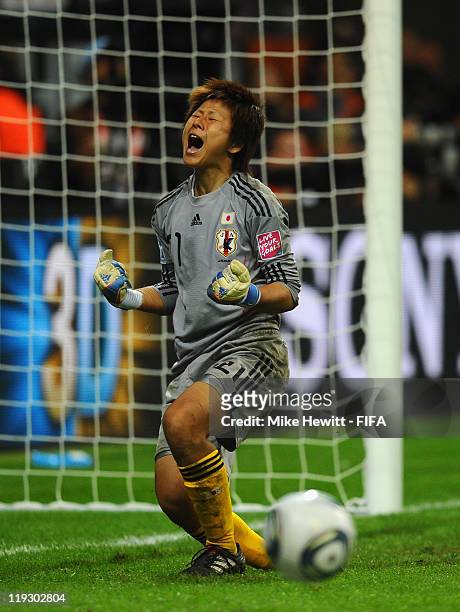 Ayumi Kaihori of Japan celebrates after saving the 3rd penalty kick during the FIFA Women's World Cup 2011 Final match between Japan and USA at the...