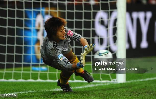 Ayumi Kaihori of Japan saves the 3rd penalty kick during the FIFA Women's World Cup 2011 Final match between Japan and USA at the FIFA World Cup...