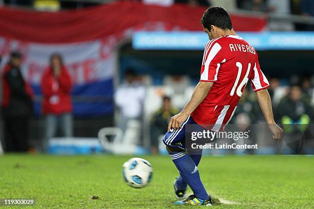 Cristian Riveros of Paraguay in action during a quarter final match between Brazil and Paraguay as part of the Copa America 2011 at Ciudad de La...