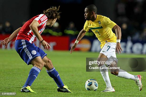 Robinho of Brazil in action during a quarter final match between Brazil and Paraguay as part of the Copa America 2011 at Ciudad de La Plata stadium...