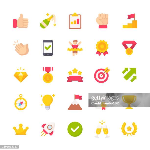 success and awards flat icons. material design style icons. pixel perfect. for mobile and web. contains such icons as champagne, high five, finish line, handshake, medal. - finish line icon stock illustrations