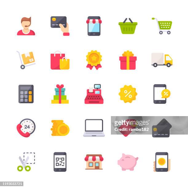 shopping und e-commerce flat icons. material design style icons. pixel perfekt. für mobile und web. enthält symbole wie shopping, e-commerce, zahlungsmethode, piggy bank, lieferung. - elektronischer handel stock-grafiken, -clipart, -cartoons und -symbole