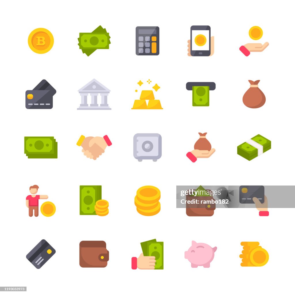Geld Flache Icons. Material Design Icons. Pixel perfekt. Für Mobile und Web. Enthält Symbole wie Isometrisches Geld, Dollar-Rechnung, Kreditkarte, Banking, Brieftasche, Münzen, Geldtasche, Währungsumtausch, Münze, Bitcoin, Kryptowährung.