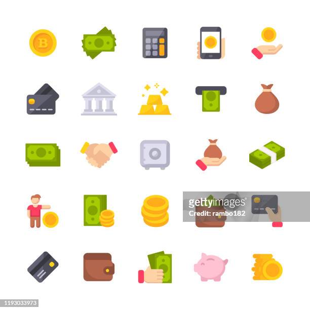 money flat icons. material design icons. pixel perfect. for mobile and web. contains such icons as isometric money, dollar bill, credit card, banking, wallet, coins, money bag, currency exchange, coin, bitcoin, cryptocurrency. - flat design stock illustrations