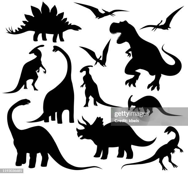 illustrazioni stock, clip art, cartoni animati e icone di tendenza di set di sagome dinosauri - dinosauri