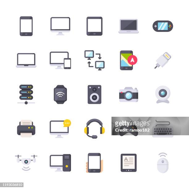 geräte flache symbole. material design icons. pixel perfekt. für mobile und web. enthält symbole wie smartphone, smartwatch, gaming, computernetzwerk, drucker, laptop, pc, kamera, tastatur. - tablet digital stock-grafiken, -clipart, -cartoons und -symbole