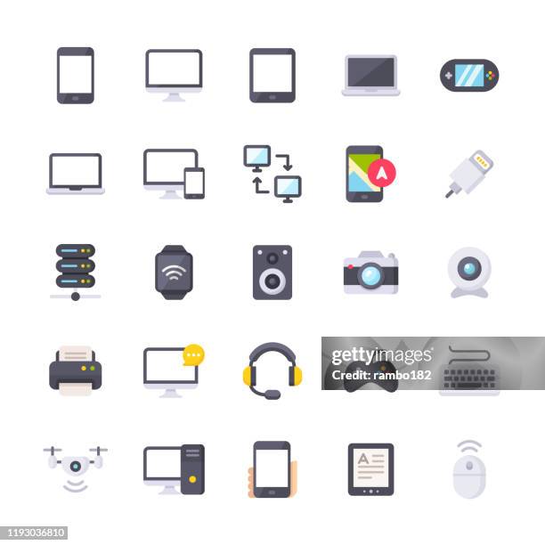 stockillustraties, clipart, cartoons en iconen met platte pictogrammen voor apparaten. materiaal ontwerp iconen. pixel perfect. voor mobiel en internet. bevat dergelijke iconen zoals smartphone, smartwatch, gaming, computernetwerk, printer, laptop, pc, camera, toetsenbord. - digital tablet