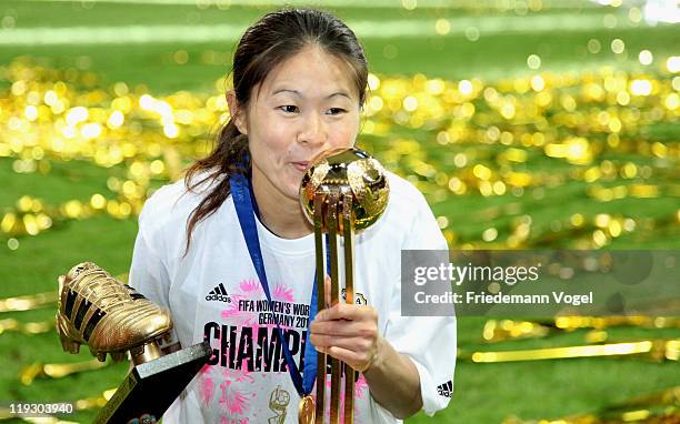 Homare Sawa of Japan celebrates after winning the FIFA Women's World Cup Final match between Japan and USA at the FIFA World Cup stadium Frankfurt on...