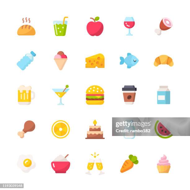 food and drinks flat icons. material design icons. pixel perfect. for mobile and web. contains such icons as bread, wine, hamburger, milk, carrot, fruit, vegetable. - cheese and champagne stock illustrations