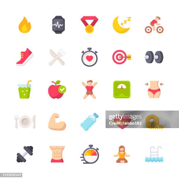 fitness und workout flache icons. material design icons. pixel perfekt. für mobile und web. enthält solche symbole wie bodybuilding, heartbeat, schwimmen, radfahren, laufen, ernährung. - trainingsraum stock-grafiken, -clipart, -cartoons und -symbole