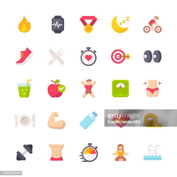 fitness and workout flat icons. material design icons. pixel perfect. for mobile and web. contains such icons as bodybuilding, heartbeat, swimming, cycling, running, diet. - healthy lifestyle stock illustrations