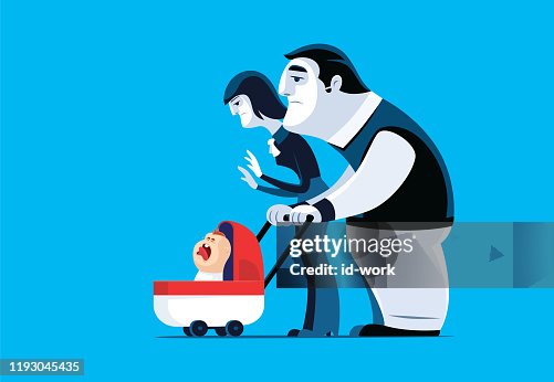 Couple walking with crying baby Couple walking with crying baby