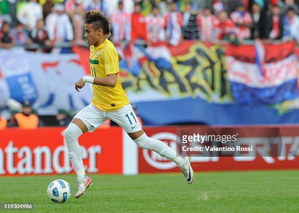 July 17: Brazil's Neymar condut the ball during a 2011 Copa America soccer match against Paraguay, as part of quarter finals at the Ciudad de La...