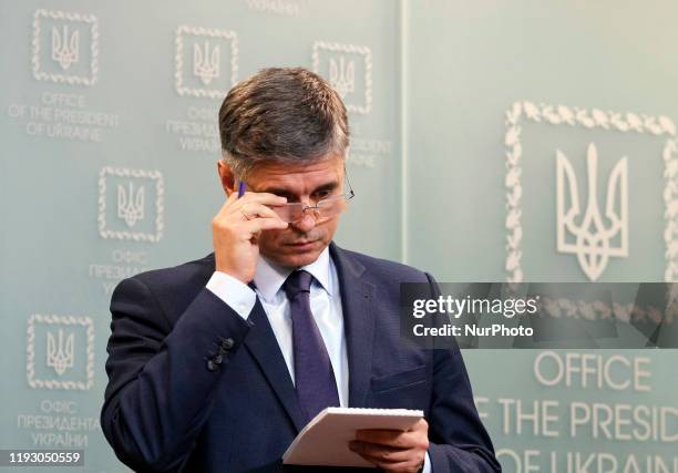 Ukraine's Foreign Minister Vadym Prystaiko answers questions of journalists during a briefing about the Boeing 737 airplane crash in Iran, in Kyiv,...