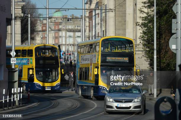 Busy traffic near College Green in Dublin. On January 10 in Dublin, Ireland.