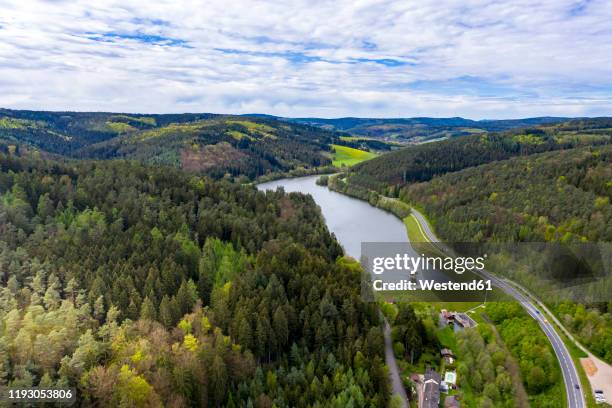 germany, hesse, erbach, scenic view of marbach reservoir in himbachel valley - hesse imagens e fotografias de stock