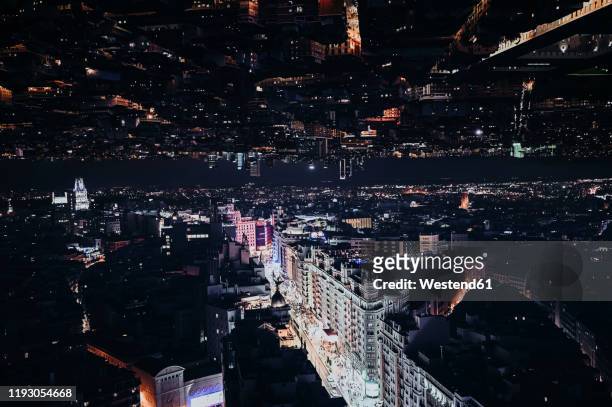 spain, madrid, double exposure of illuminated gran via street at night - madrid aerial stock pictures, royalty-free photos & images