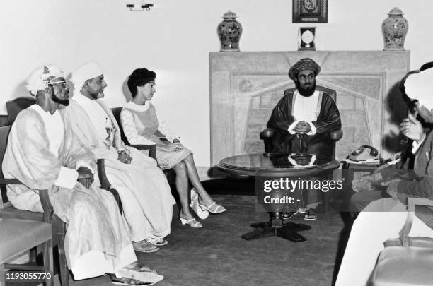 Oman's Sultan Qaboos bin Said receives the press at the royal residence, the ceremonial Al Alam Palace, in October 1971, in Muscat.