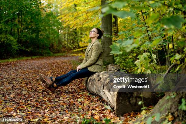 mature woman sitting on a tree trunk in a autumn forest - women in harmony stock pictures, royalty-free photos & images