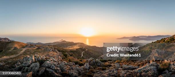 view from belvedere de saliccio at sunset, piana, corse-du-sud, corsica, france - corsica stock pictures, royalty-free photos & images