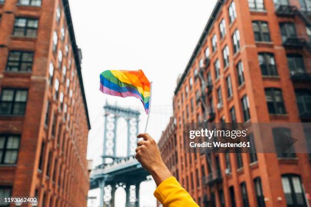 hand waving lgbt flag in nyc, usa - gay flag stockfoto's en -beelden