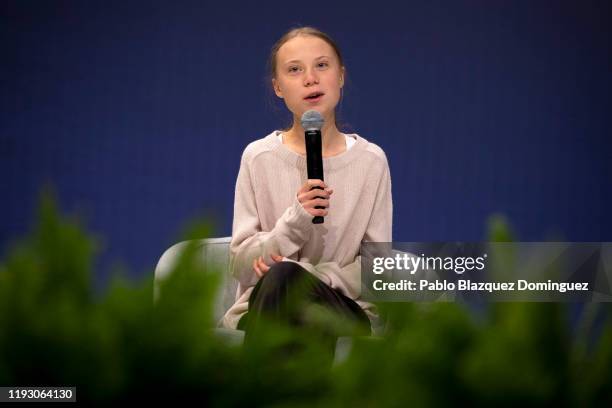 Swedish environment activist Greta Thunberg speaks during a conference with scientists at the COP25 Climate Conference on December 10, 2019 in...